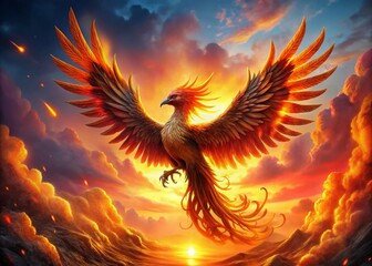 Obraz premium Majestic Phoenix Bird Rising from Ashes Against a Stunning Sunset Background in Vibrant Colors