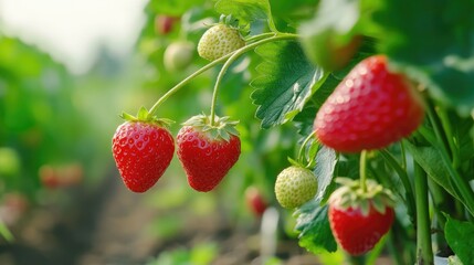 Strawberry plants growing in rows on a farm, the lush green leaves contrasting with the ripening red fruit.