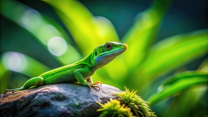 Resting on a tranquil background, a minimalist green lizard embodies the essence of nature's elegance. Its vivid green color enhances the peaceful scenery surrounding it.