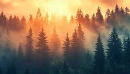 A misty sunrise illuminates tall pine trees in a dense forest.
