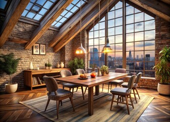 Obraz premium Rustic table and chairs create a cozy urban dining atmosphere in an attic space, ideal for modern exploration and fostering connection with guests and friends.