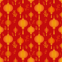 Gold Chinese or Asian lantern and tree seamless pattern on red background. Happy Chinese New Year traditional background. Design for fabric, wallpaper, wrapping, decoration, paper.Vector illustration.