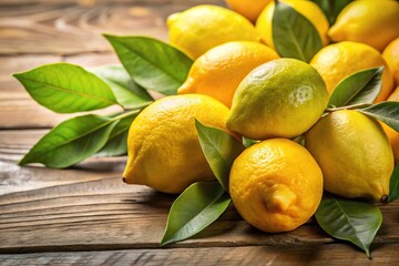 Close-up of juicy lemons with yellow leaves