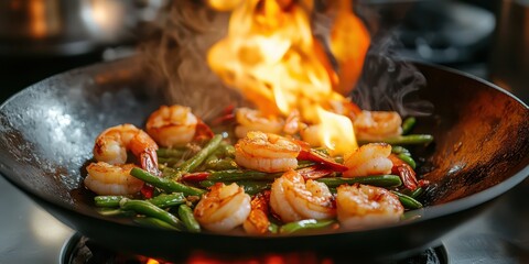 Sizzling shrimp stir-fry in a wok with green beans and flame, perfect for Asian cuisine and culinary visuals.