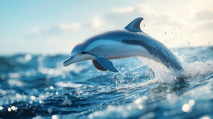 A close-up shot of a playful dolphin leaping gracefully out of the sparkling blue ocean, with its sleek body glistening in the sunlight. The background features a serene sea horizon and gentle waves,