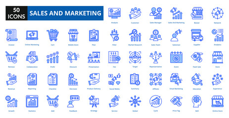 Sales And Marketing Blue icon collection set. includes business, marketing, strategy, management, customer, analysis, sales, growth, concept, technology
