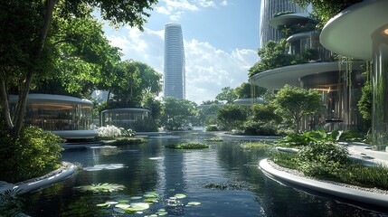 Futuristic Green Eco City with Sustainable High Rise Architecture and Lush Urban Gardens