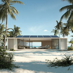 A sleek, modern villa overlooking the sea, with large glass windows and clean lines. Solar panels are seamlessly integrated into the flat roof design,surrounded a serene, sandy beach, tropical plants