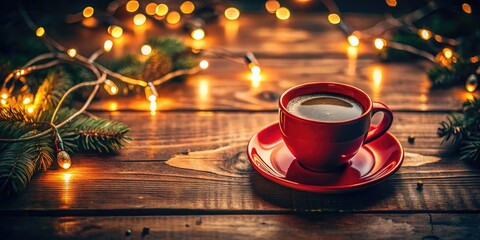 Obraz premium Striking night photography captures a vibrant red coffee cup on a textured wooden table, beautifully lit, creating a warm and inviting atmosphere perfect for relaxation.