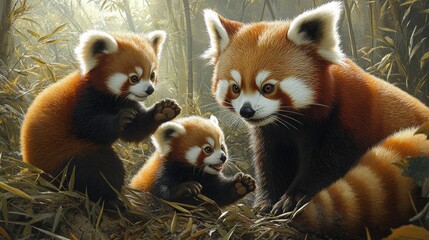 A heartwarming image of a family of red pandas playfully interacting in a bamboo forest. The baby red pandas are seen climbing and exploring, while the adult pandas keep a watchful eye, creating a