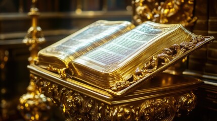 A close-up of an ornate golden bible stand, with a richly decorated Bible open to the Gospels, symbolizing wisdom and spiritual guidance.