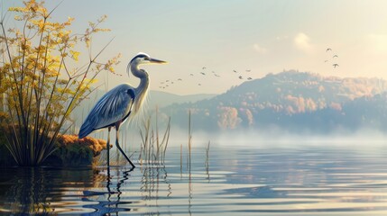 Great Blue Heron Standing in a Misty Lake at Dawn