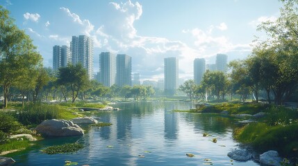 Futuristic Green Eco City with Sustainable High Rise Architecture and Lush Urban Gardens