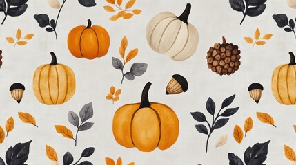 Seamless pattern with pumpkins, leaves, acorns, and pinecones on a white background.
