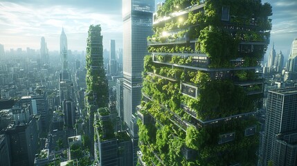 Obraz premium Sustainable green building in modern city. Green architecture. Eco-friendly building. Sustainable building with vertical garden reduce CO2. Futuristic building.