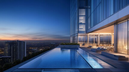 An infinity pool on the rooftop of a luxury skyscraper at twilight.