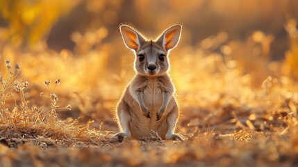 Fototapeta premium A charming image of a baby kangaroo peeking out from its mother pouch in the Australian outback. The mother strong presence and the babyâ€™s curious gaze are highlighted against the backdrop of the
