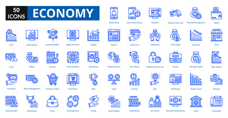 Economy blue icon collection set. Includes efficiency, money, saving, scheme, finance, system, conservation, control, elegance, action, budget
