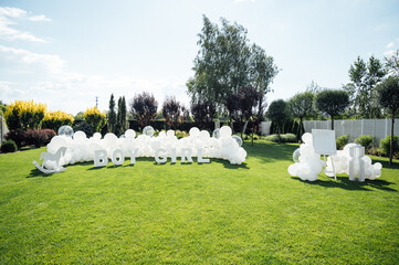 Large-scale photo zone made of white balloons and large letters at a gender party.