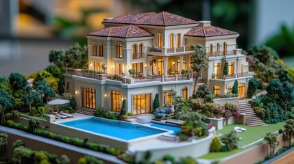 Obraz premium A detailed scale model of a multi-story luxury villa, complete with a pool, terraces, and lush landscaping.