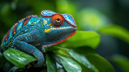 Obraz premium A striking photograph of a vibrant chameleon perched on a branch, its colorful skin changing hues to blend with the surrounding foliage. The chameleonâ€™s unique texture and vivid colors stand out
