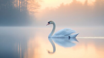 A captivating image of a graceful swan gliding across a calm, mirror-like lake at sunrise. The swanâ€™s elegant neck and pure white feathers are reflected in the still water, with the soft morning