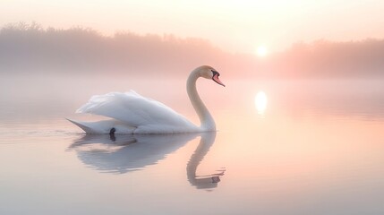 Fototapeta premium A captivating image of a graceful swan gliding across a calm, mirror-like lake at sunrise. The swanâ€™s elegant neck and pure white feathers are reflected in the still water, with the soft morning