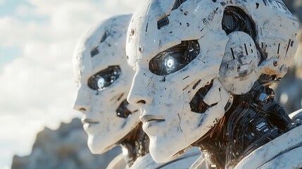 White humanoid robot is looking up with a hopeful expression