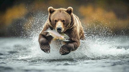Fototapeta premium A dynamic photograph of a brown bear catching a salmon in mid-air as it leaps from a rushing river. The bearâ€™s powerful muscles and the splash of water create a dramatic and action-packed scene