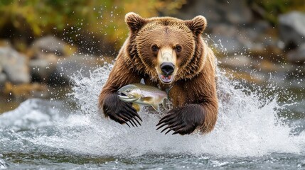 Obraz premium A dynamic photograph of a brown bear catching a salmon in mid-air as it leaps from a rushing river. The bearâ€™s powerful muscles and the splash of water create a dramatic and action-packed scene