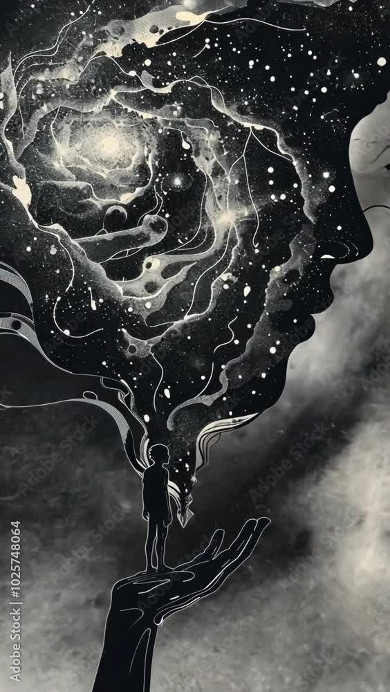 Poster a child contemplates the universe while standing on a giant hand, exploring themes of imagination an