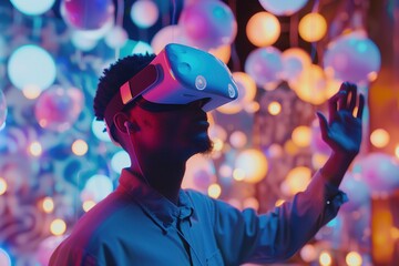 A content creator using a virtual reality headset to explore a digital environment, gathering inspiration for immersive content experiences.