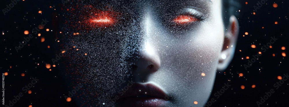 Poster captivating digital artwork featuring face with glowing eyes and textured, ethereal quality. dynamic