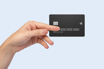 Hand showing credit card, or card, or business card or voucher, isolated on white background, template, mock-up