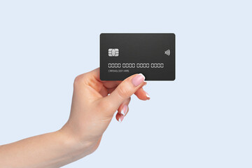 Hand showing credit card, or card, or business card or voucher, isolated on white background, template, mock-up