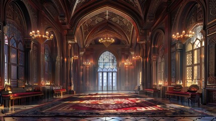 Obraz premium Ornate Hallway with Red Carpet and Ornate Windows and Benches