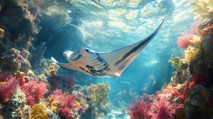 A serene image of a graceful manta ray gliding through the clear waters of a tropical reef. The manta ray&acirc;&euro;&trade;s expansive wings and gentle movements are highlighted against the vibrant coral and the