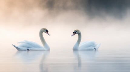 A serene photograph of a pair of swans gracefully gliding across a foggy lake at dawn. The swansâ€™ elegant necks and soft, white feathers are reflected in the calm, misty water, creating a tranquil
