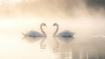 A serene photograph of a pair of swans gracefully gliding across a foggy lake at dawn. The swansâ€™ elegant necks and soft, white feathers are reflected in the calm, misty water, creating a tranquil