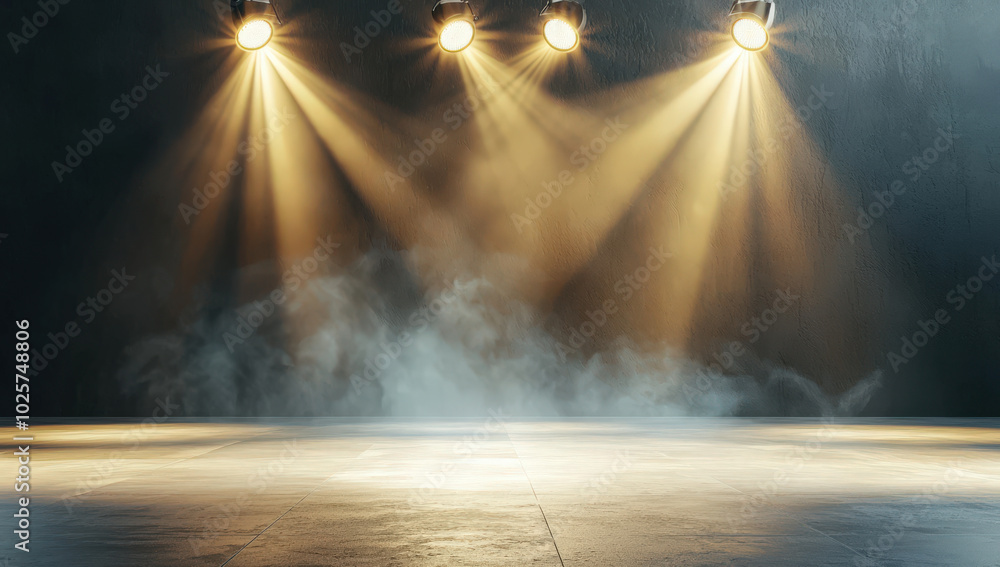 Poster dramatic scene featuring three spotlights shining down on empty stage, creating captivating atmosphe