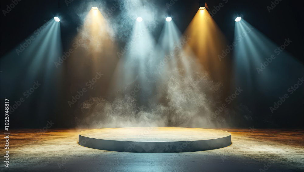 Poster dramatic scene featuring empty stage illuminated by spotlights, creating captivating atmosphere with