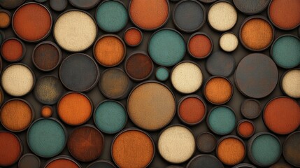 Abstract pattern of colorful circles in different shades of brown, blue and beige on a dark background.
