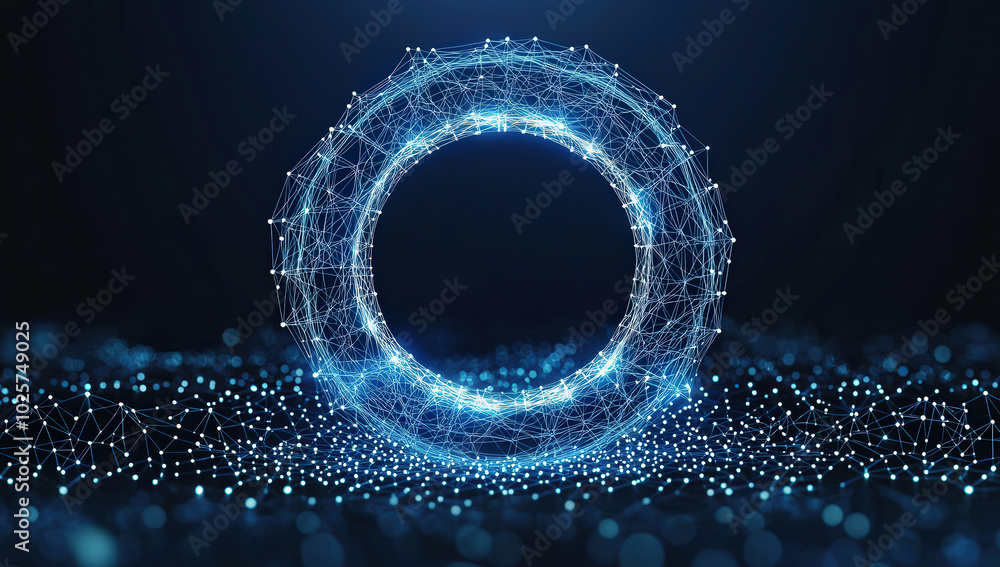 Poster captivating abstract blue digital circular frame made of interconnected lines, set against dark back