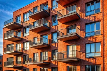 Obraz premium Close-up of modern red brick apartment building with balconies and sharp shadows