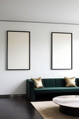 View of modern scandinavian style interior with artwork mock up on wall.