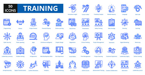 Training blue icon collection set. Includes teaching, practice, planning, improvement, preparation, treatment, instruction, development, exercise, briefing, education

