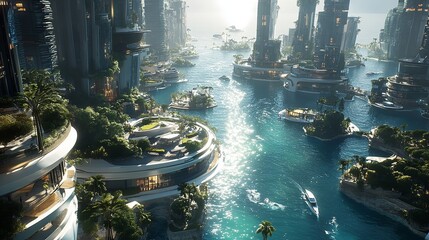 A futuristic city skyline with tall buildings, a winding river, and a bridge connecting different parts of the metropolis.