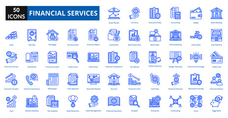 financial services blue icon set collection. bank building, atm machine, credit card, financial advisor, piggy bank, stock market, currency, insurance policy, accounting, wallet
