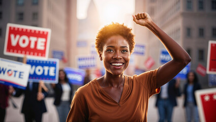 Giovane donna afro americana sorride felice dopo aver votato alle elezioni presidenziali, democrazia