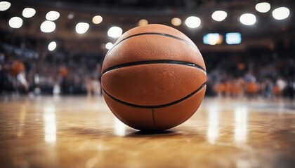 Close-up of a basketball on a polished court floor, highlighting its texture.